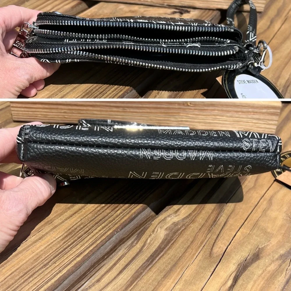 - Steve Madden Double Zip Logo Leather Wristlet! NEW!